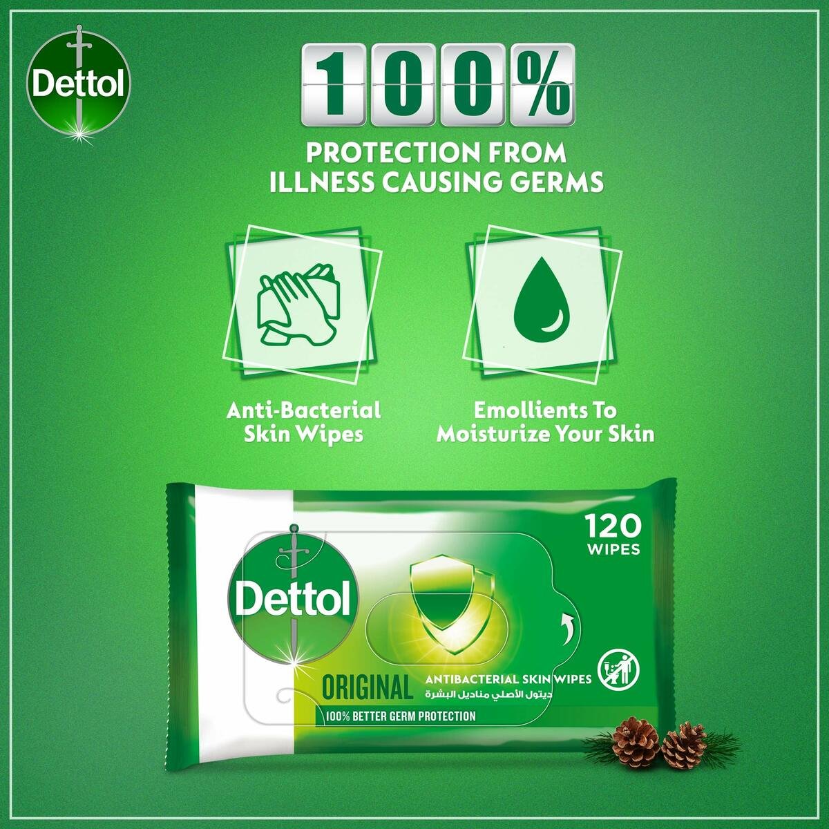 Dettol Original 2 in 1 Antibacterial Skin and Surface Wipes 120 pcs