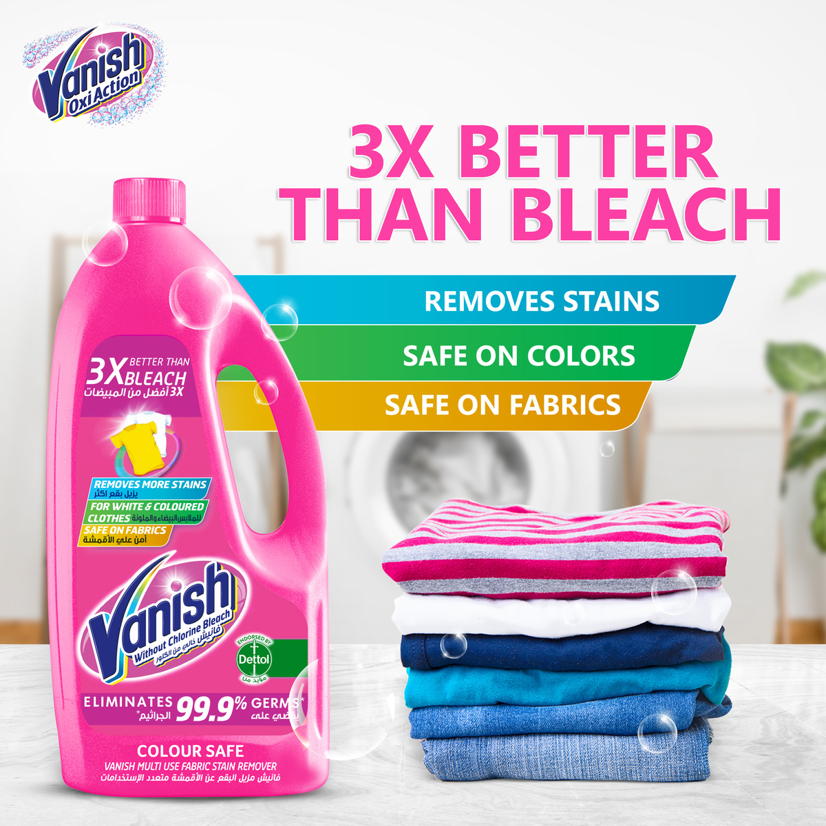 Vanish Fabric Stain Remover Liquid Colour Safe Pink 3 Litres + 1 Litre