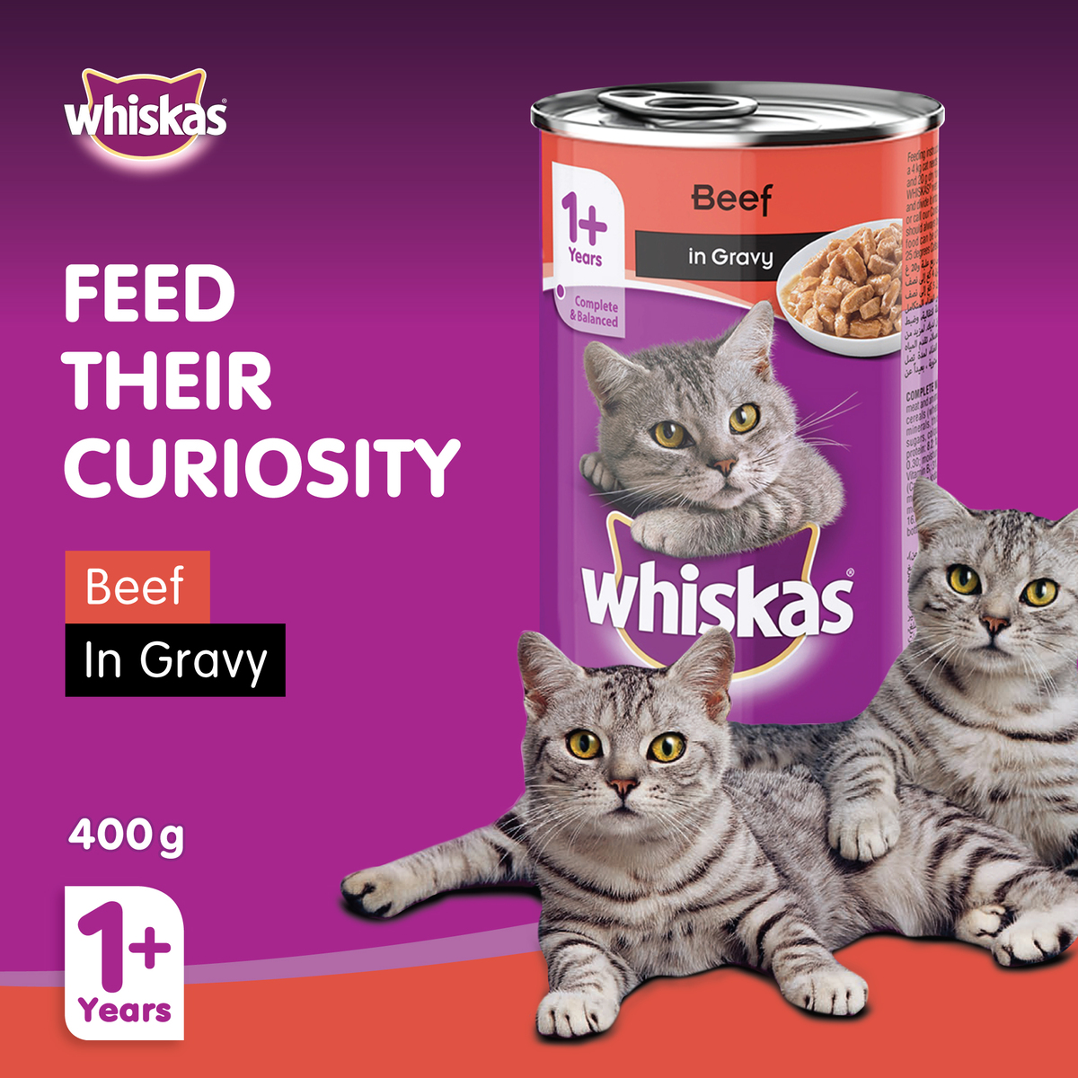 Whiskas Beef in Gravy Can Wet Cat Food for 1+ Years Adult Cats 400 g