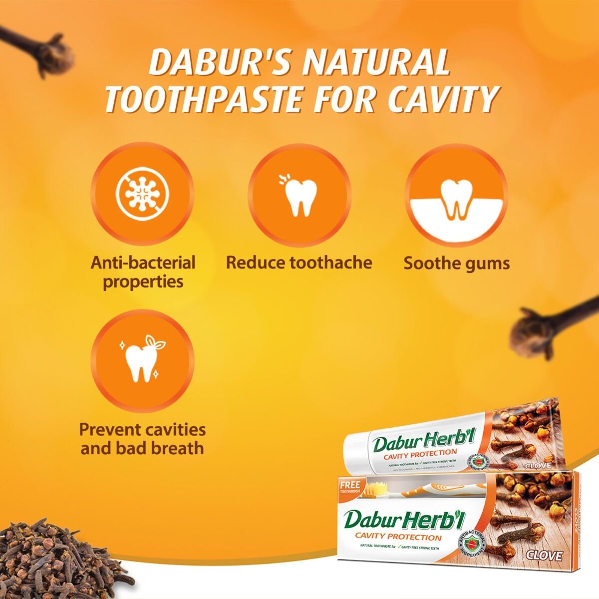 Dabur Herbal Cavity Protection Clove Toothpaste 2 x 150 g + Toothbrush