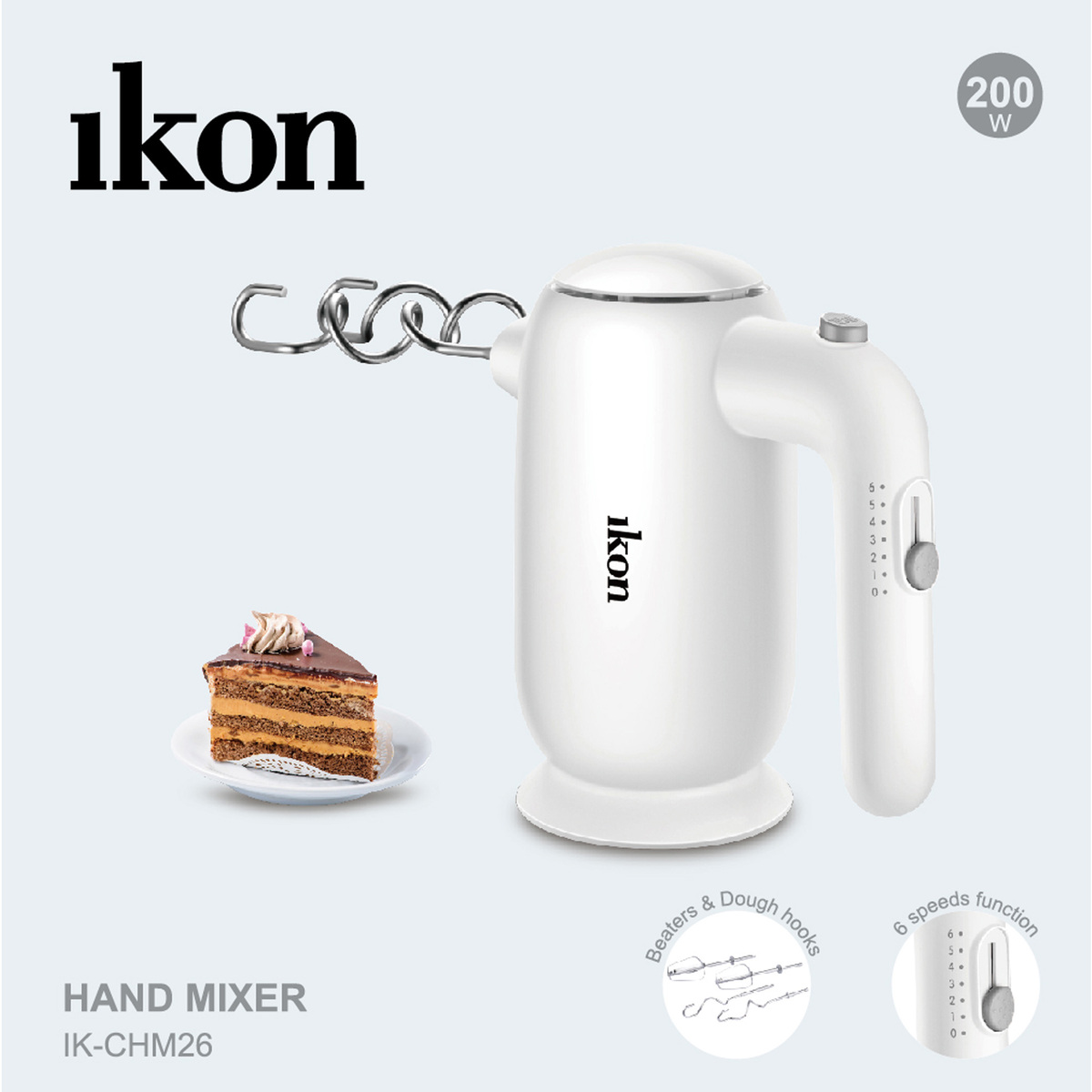 Ikon Hand Mixer, 200 W, 6 Speed Function, White, IK-CHM26
