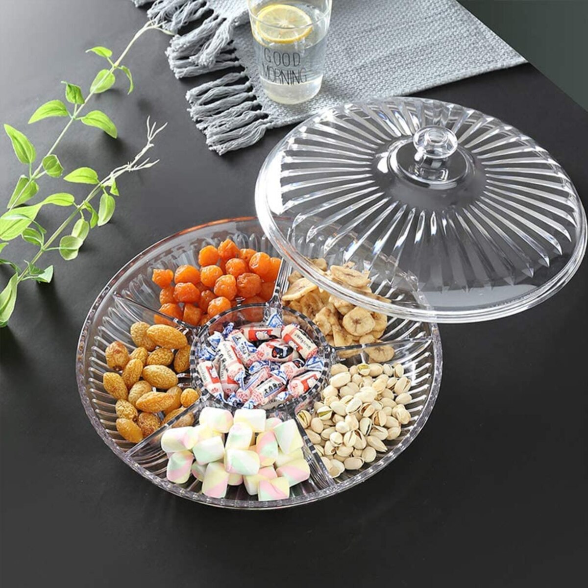 Black Stone Acrylic Nuts / Candy Tray 6 Portion With Lid BA4117
