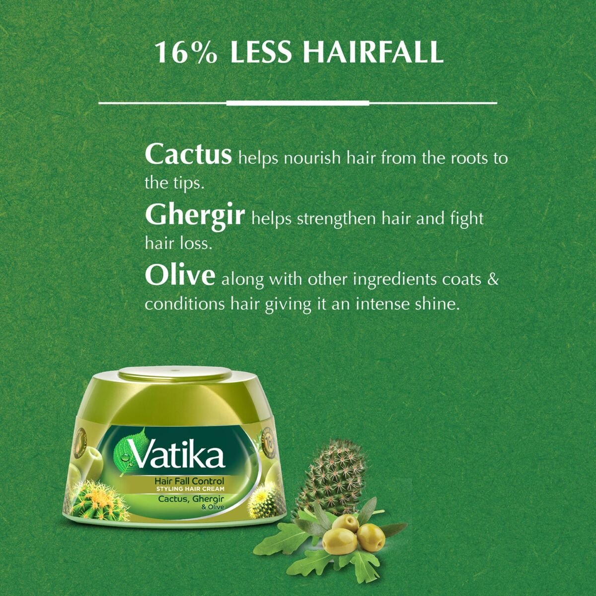 Vatika Naturals Hair Fall Control Styling Hair Cream Ghergir, Cactus & Olive Strengthens & Nourishes Weak Hair 140 ml