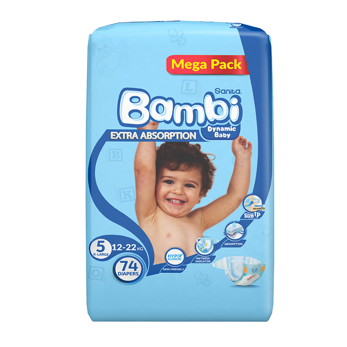 Sanita Bambi Baby Diaper Mega Pack Size 5 Extra Large 12-22kg 74 pcs