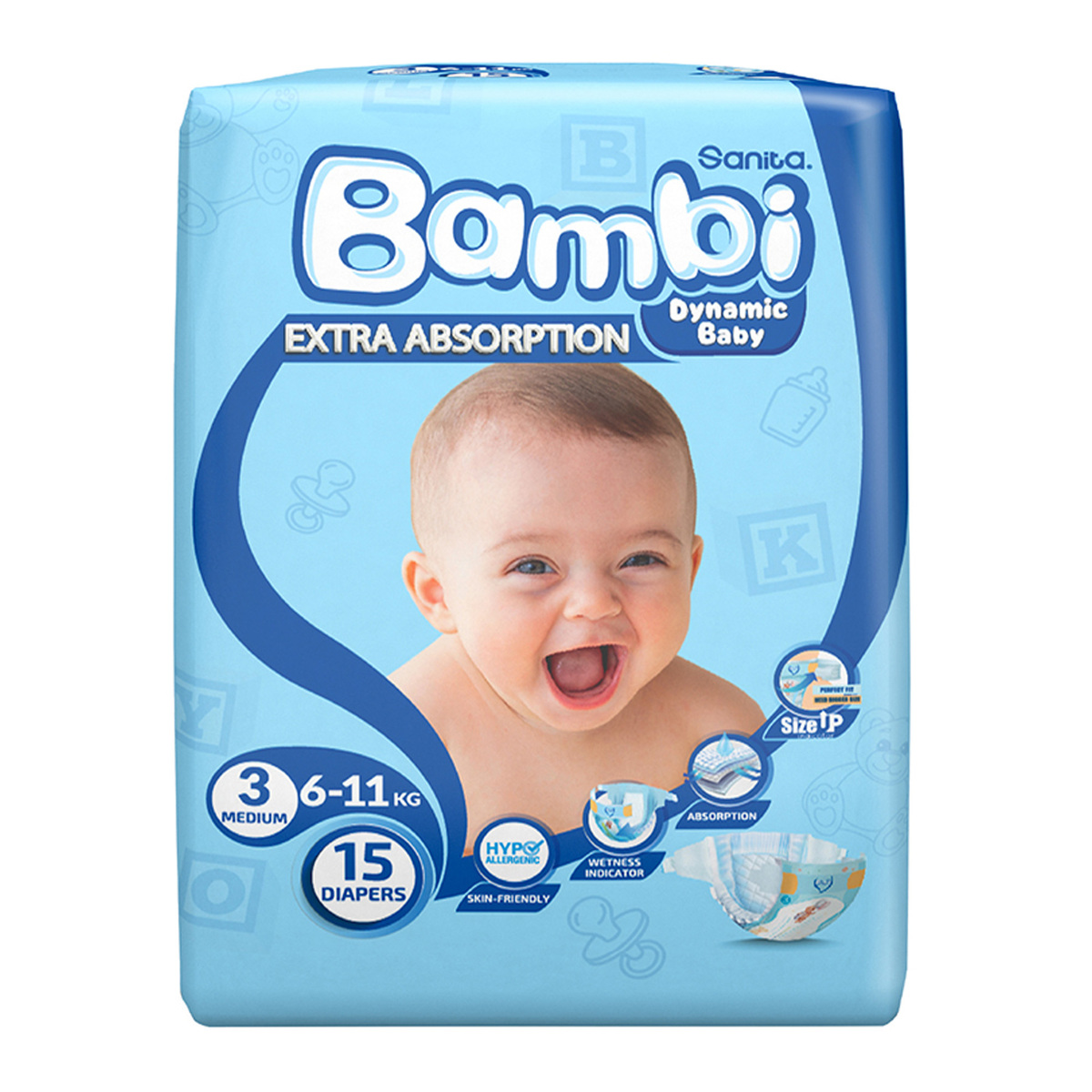 Sanita Bambi Baby Diaper Regular Pack Size, 3 Medium, 6-11 kg, 15 pcs