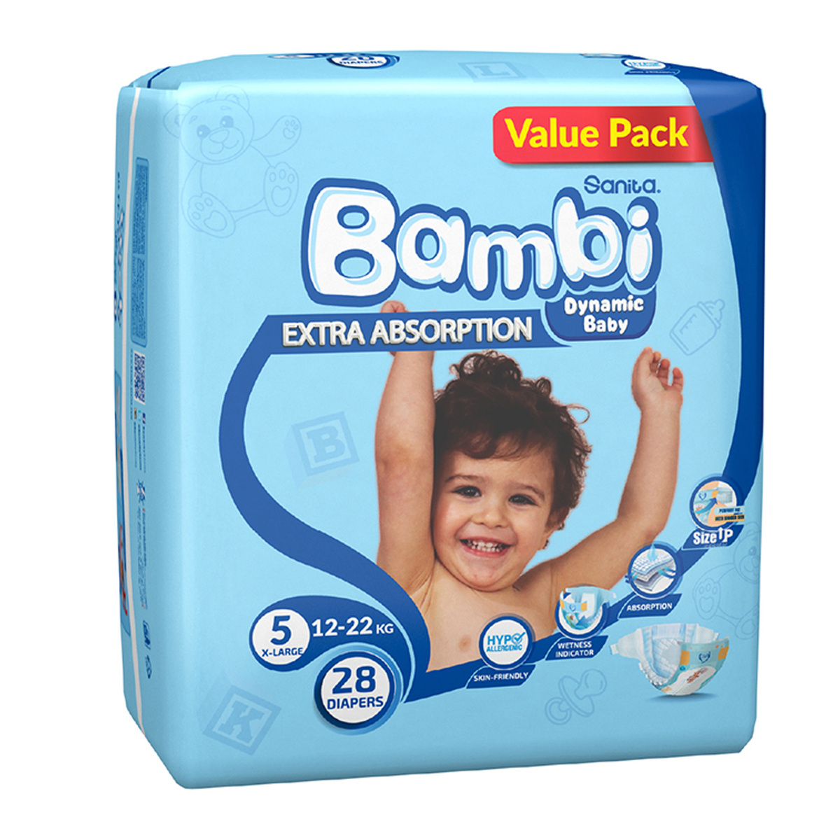 Sanita Bambi Baby Diaper Value Pack Size 5 Extra Large 12-22kg 28 pcs