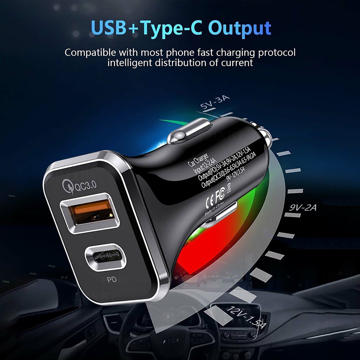Iends Car Charger with Dual Port (Type-C and USB)AD641, Black