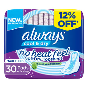 Always Cool & Dry No Heat Feel Maxi Thick Large Sanitary Pads with Wings 30 pcs