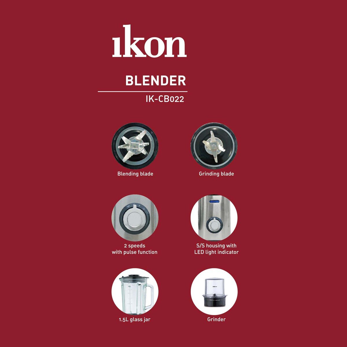 Ikon Blender With Coffee Grinder, 1.5L Glass Jar, 450 W, Stainless Steel, CB022