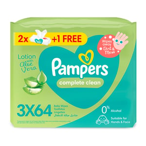 Pampers Complete Clean Baby Wipes with Aloe Vera Lotion for Hands & Face, 64 pcs 2+1