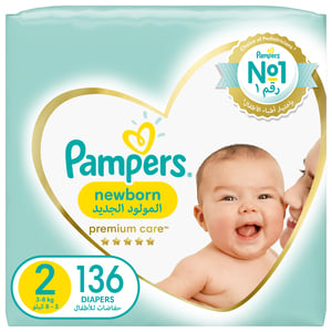 Pampers Premium Care Newborn Taped Diapers, Size 2, 3-8kg, Unique Softest Absorption for Ultimate Skin Protection, 136 pcs