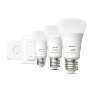 Philips Hue White and Colour Ambiance Starter Kit, 3 x E27 Smart Bulbs, 75 W + Bridge + Dimmer Switch, 1100 Lumen