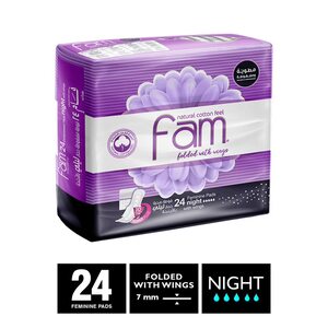 Fam Natural Cotton Feel Maxi Thick Folded with Wings Night Sanitary Pads 24 pcs