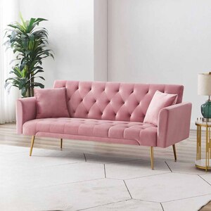 Crown Jewel, Pink 3-Seater Velvet Fabric Sofa, with Rose Gold Finish Metal Legs,solid woodframe, comfy for living Room, Bedroom