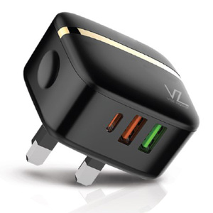 Voz 32W Three port Wall Charger With PD+QC 3.0 Port Lightning Cable, Black, VZWPD02L