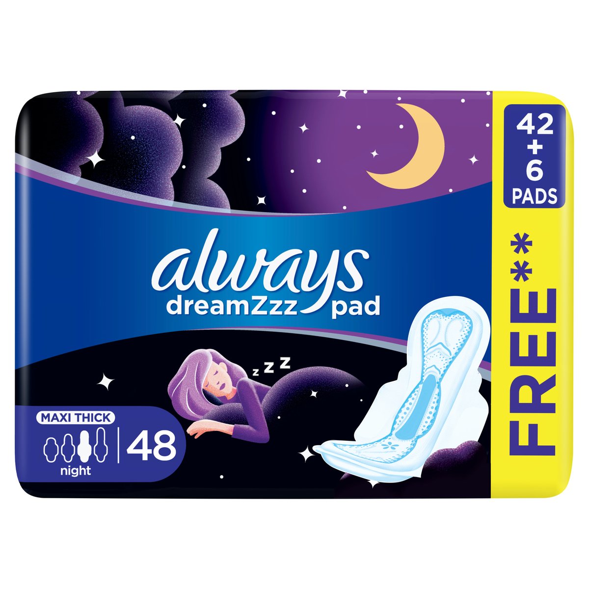 Always Clean & Dry Maxi Thick Night Sanitary Pads with Wings 48pcs