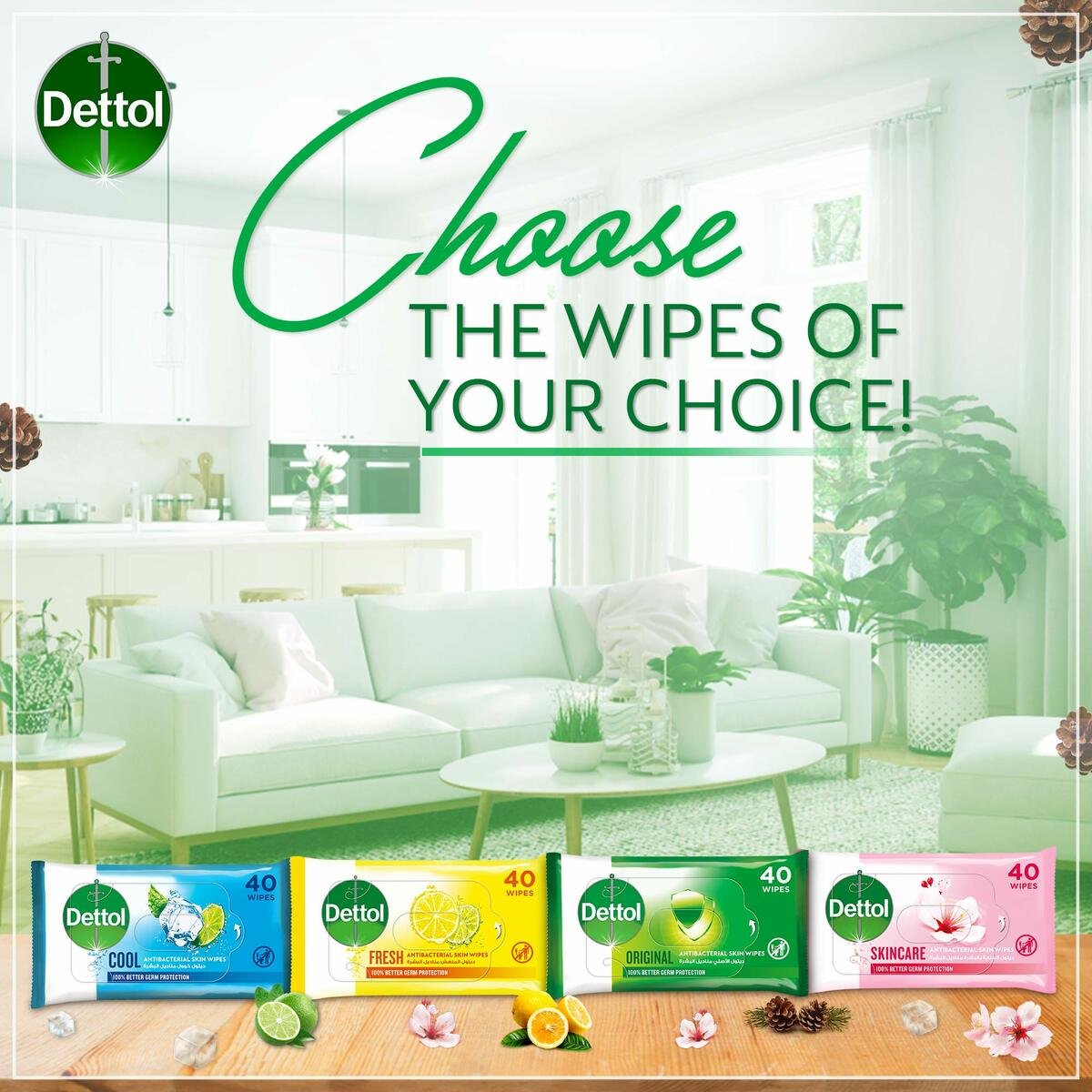 Dettol Original 2 in 1 Antibacterial Skin and Surface Wipes for 100% Better Germ Protection 120pcs