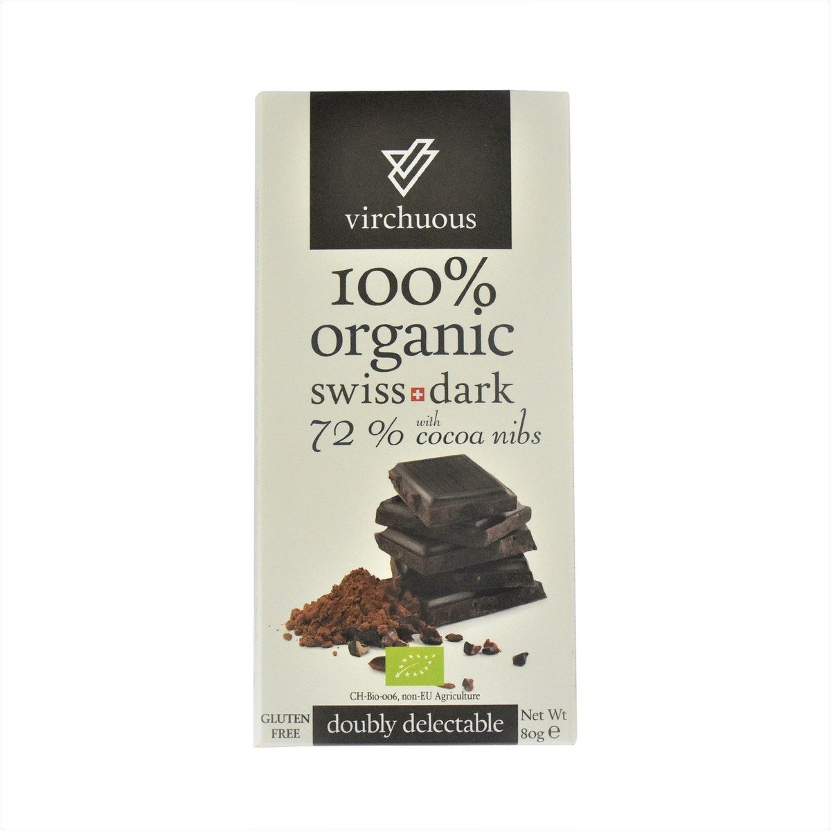 Virchuous  100% Organic Swiss Dark Chocolate with 72% Cocoa Nibs Gluten Free 80g
