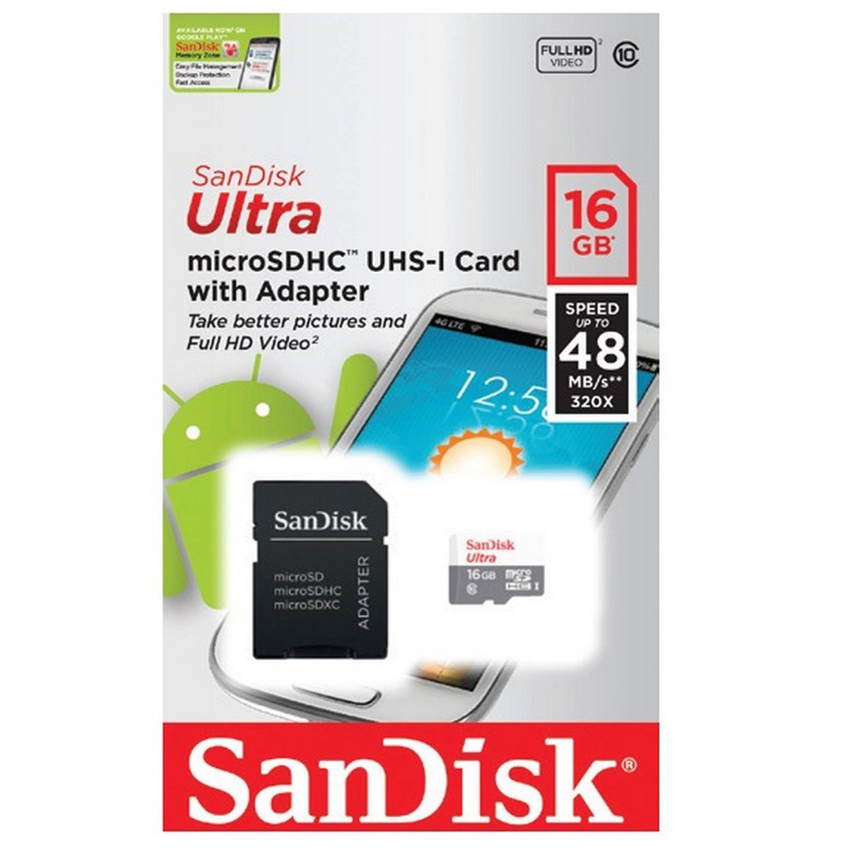 Sandisk MicroSDHC Memory Card 16GB + Adaptor