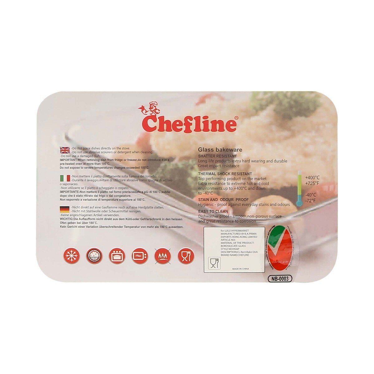 Chefline HSAP25L Borosilicate Glass Rectangle Baking Dish, 2.2 Litre, Transparent