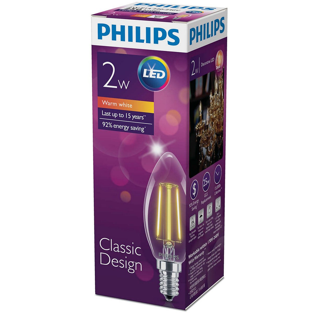 Philips LED Bulb Filament 2-25W E14 WW B35 ND 1CT APR