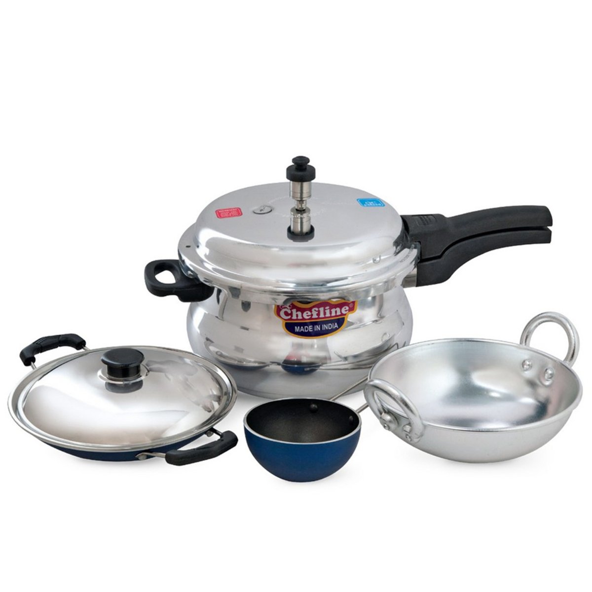 Chefline Pressure Cooker Chubby 6Ltr + Appam Pan with Lid + Tadkha Pan + Aluminium Kadai