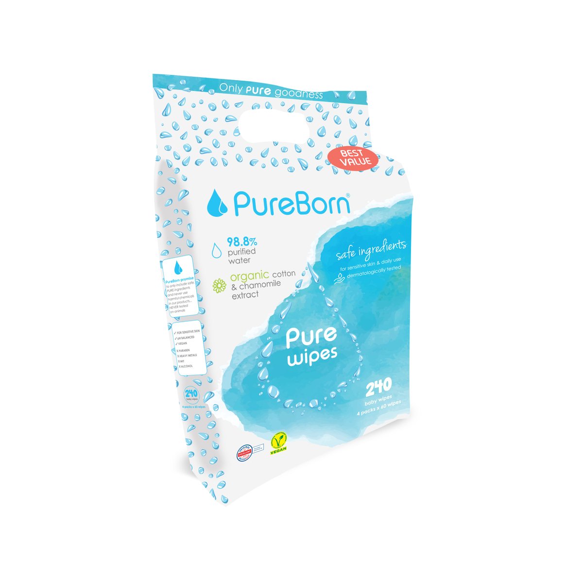 Pure Born Pure Wipes Value Pack 4 x 60 Sheets