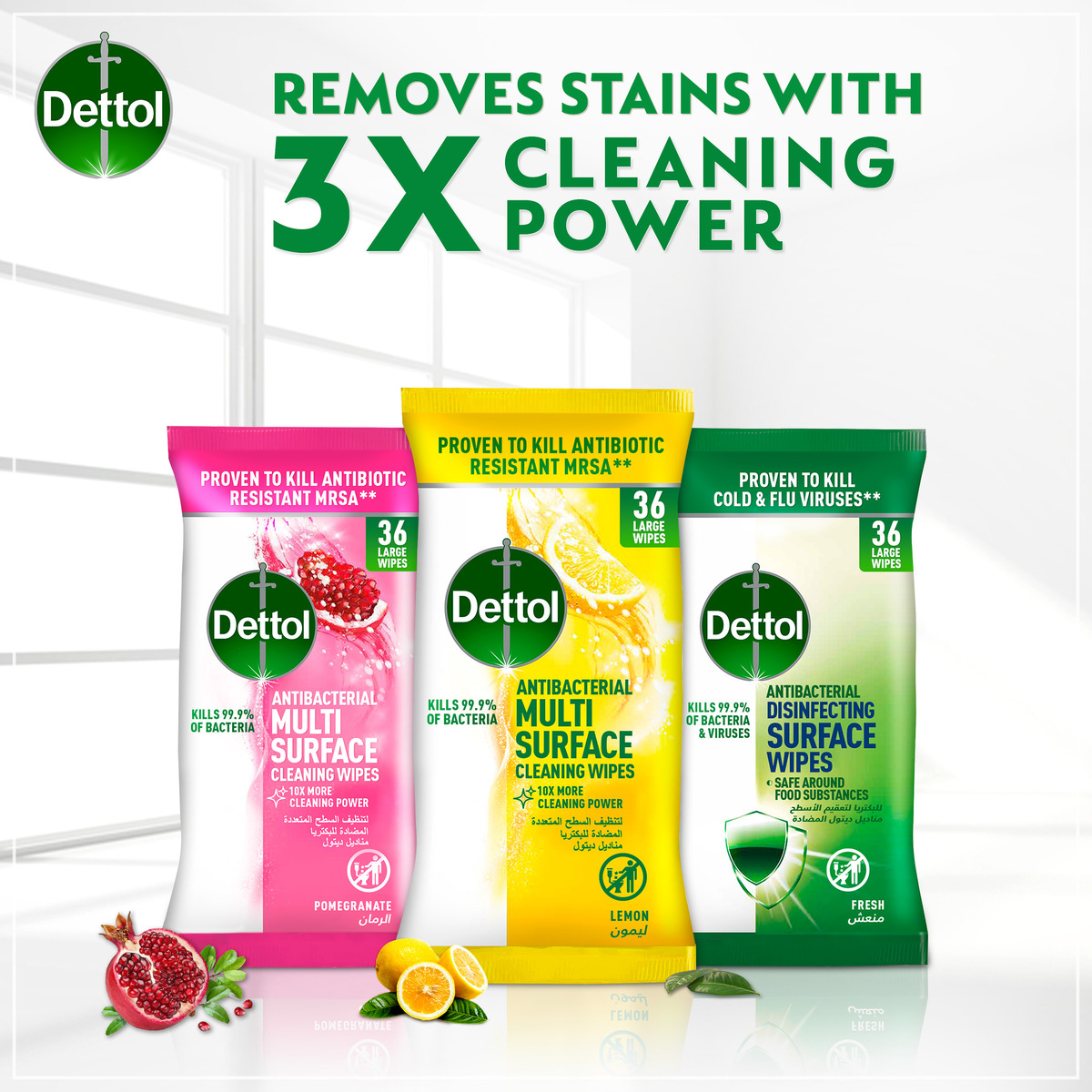Dettol Lemon Antibacterial Multi Surface Cleaning Wipes With 3x Cleaning Power & Resealable Lid Large 36pcs