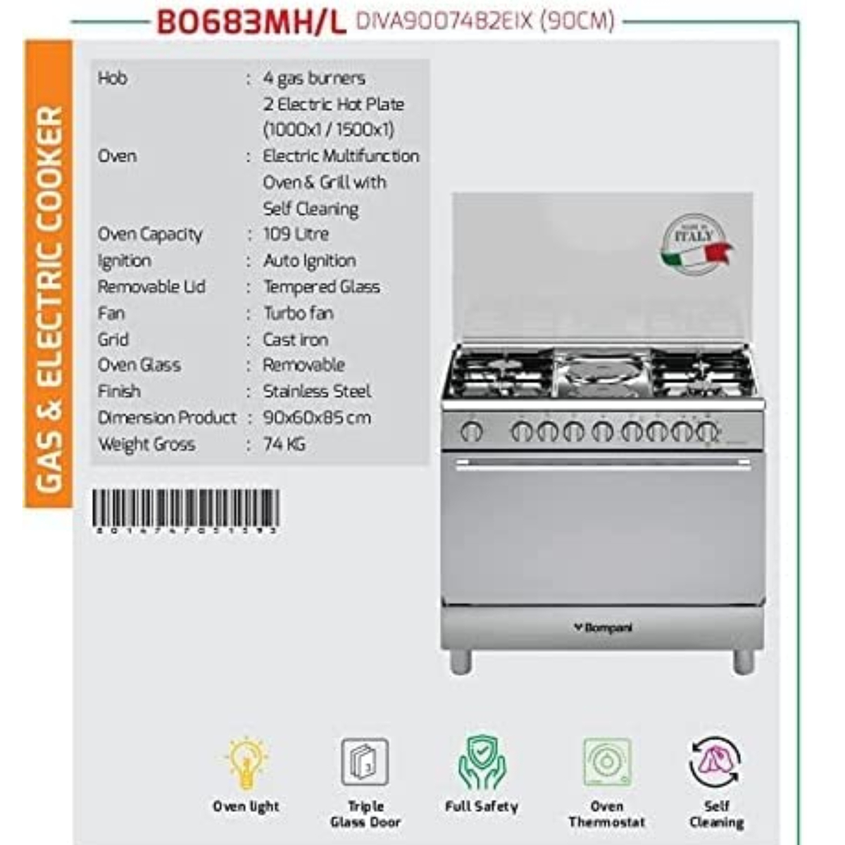 Bompani Cooking Range With 4 Burner + 2 Hot Plate, 90X60 cm, Stainless Steel, BO683MH