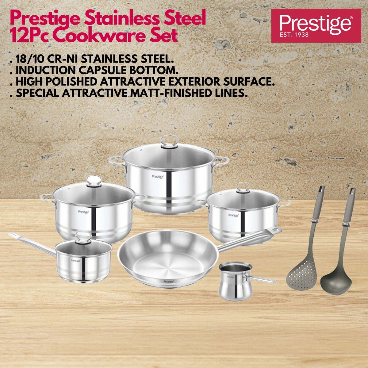 Prestige Stainless Steel Cookware Set 12Pcs Induction Bottom PR80981