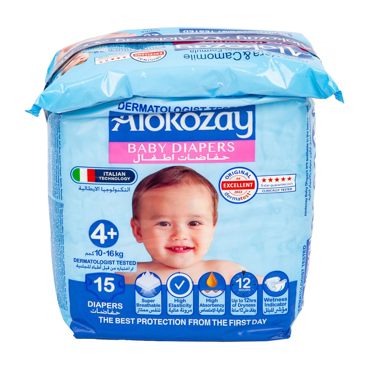Alokozay Baby Diapers Size 4+, 10-16kg 15 pcs + Wipes 20 pcs