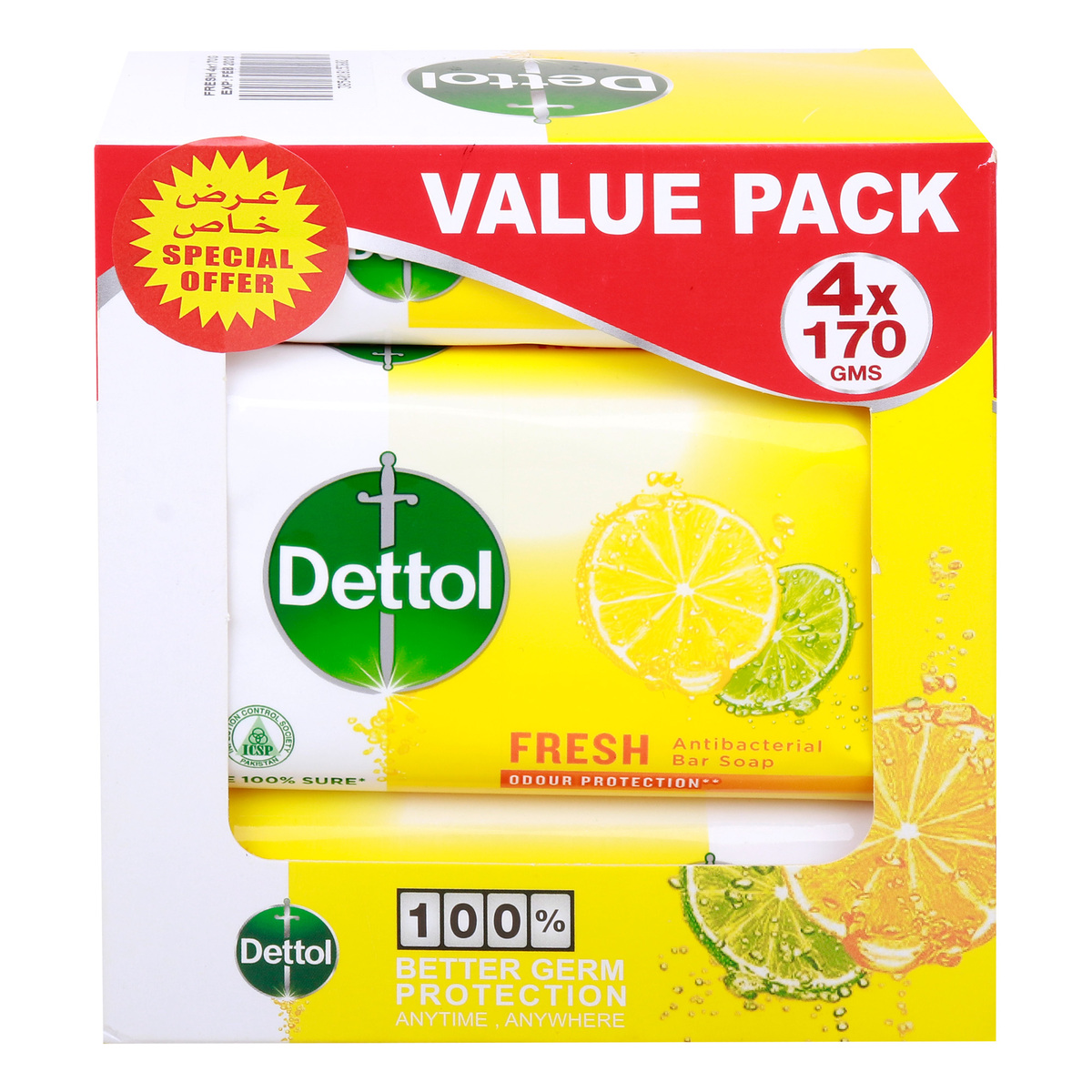 Dettol Fresh Antibacterial Bar Soap, Value Pack, 4 x 170 g