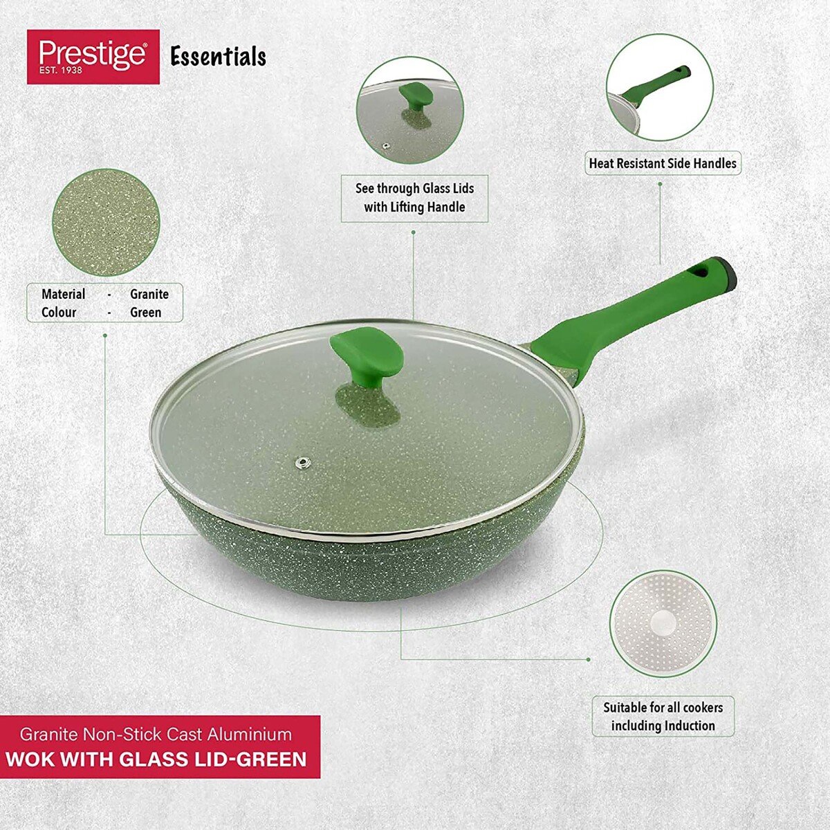 Prestige Granite Non-Stick Cast Aluminium Wok With Glass Lid Pan, 28 cm, Green, PR81116
