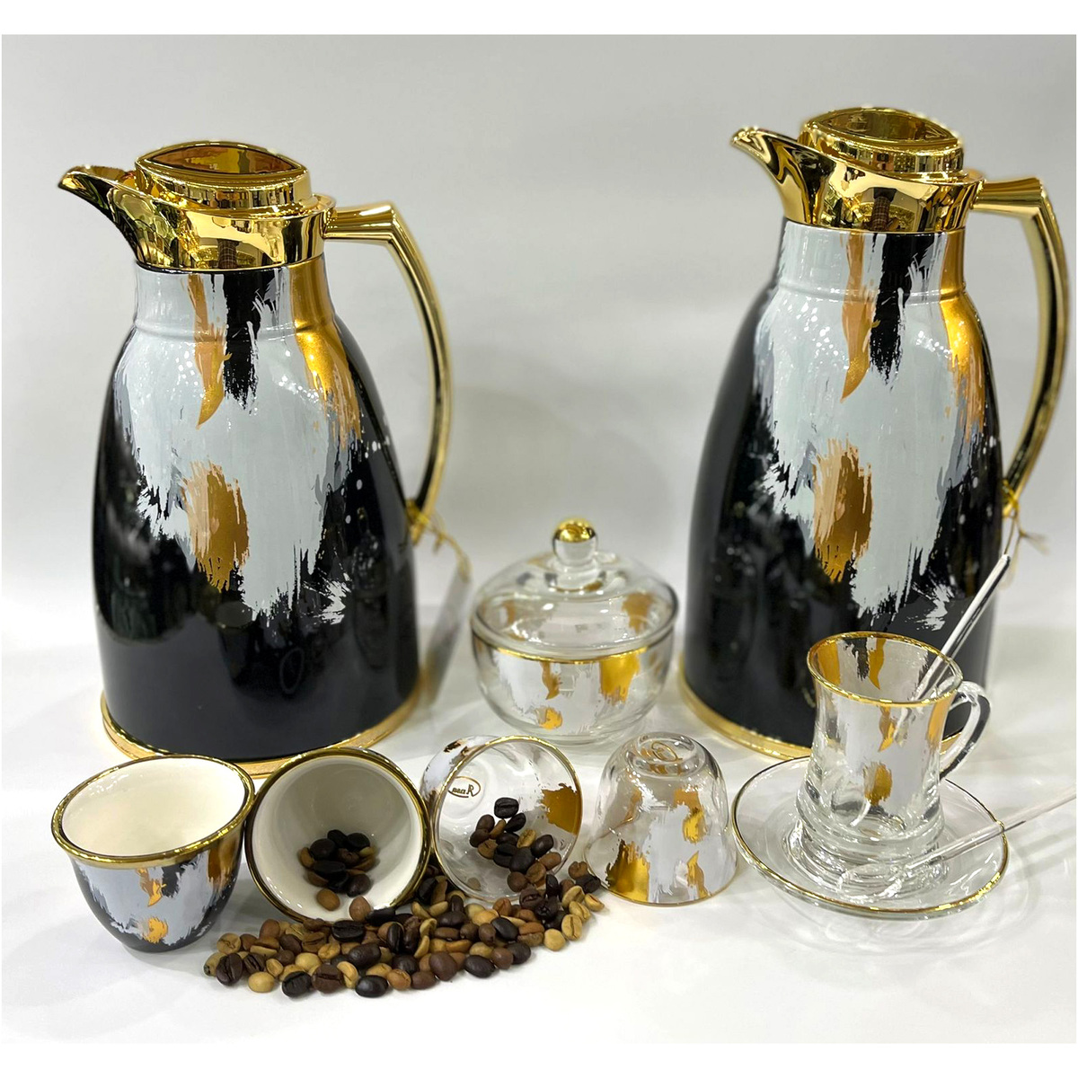 أنسا طقم ترامس قهوة عربية / شاي قطعتين، 1 + 1.3 لتر أسود وذهبي، GB-BKG-1