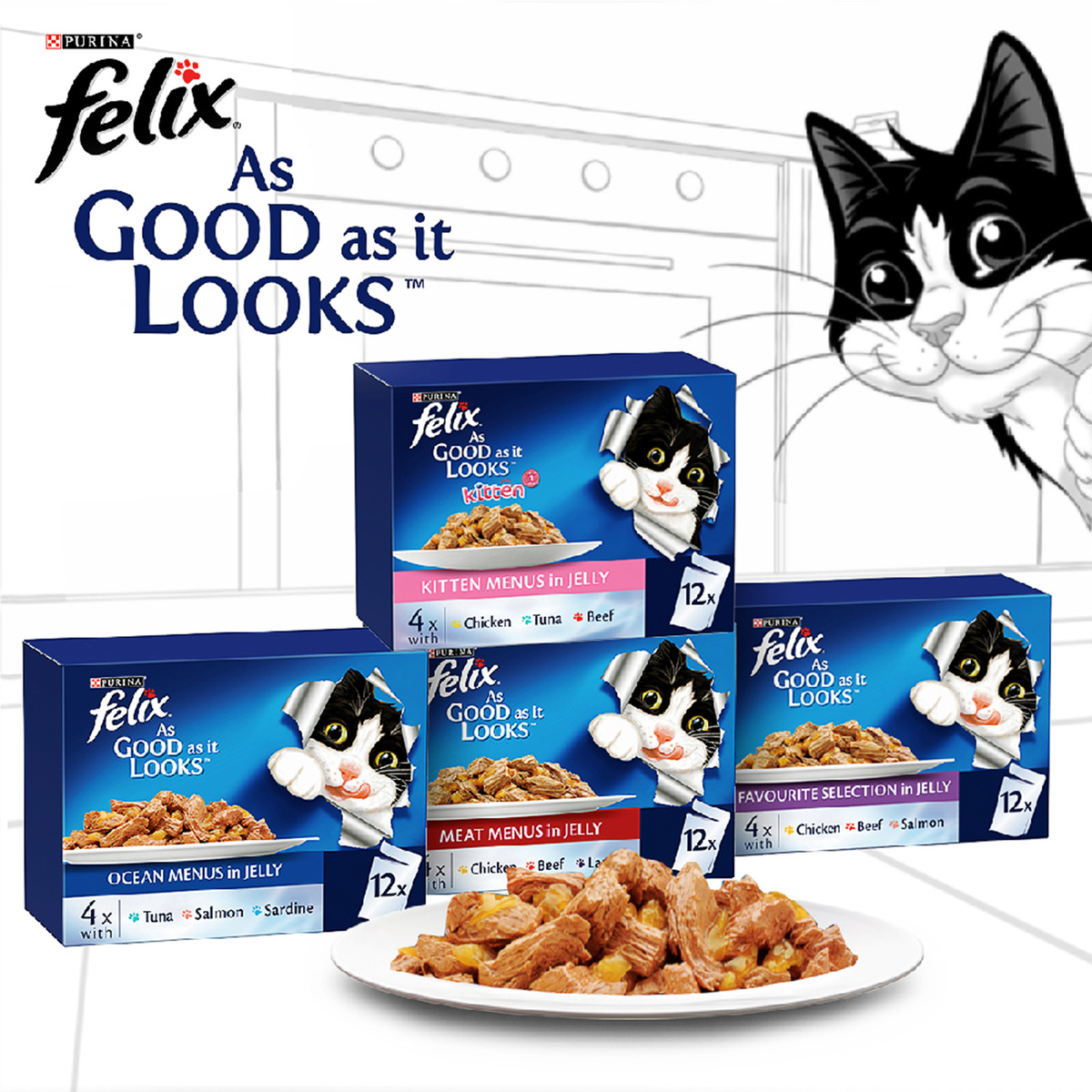 بورينا فيليكس طعام قطط هلامي جيد كما يبدو لذيذًا مختارات مفضلة (الدجاج ولحم البقر والسلمون) 12 × 85 جم