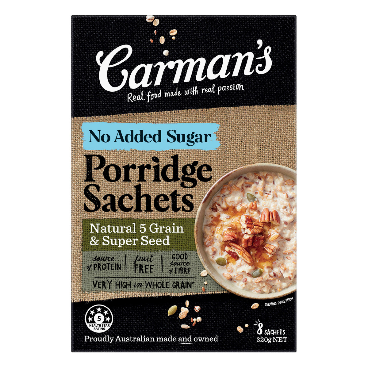 اشتري قم بشراء Carmans Porridge Sachets Natural 5 Grain & Super Seed 320 g Online at Best Price من الموقع - من لولو هايبر ماركت Health Cereals في الكويت