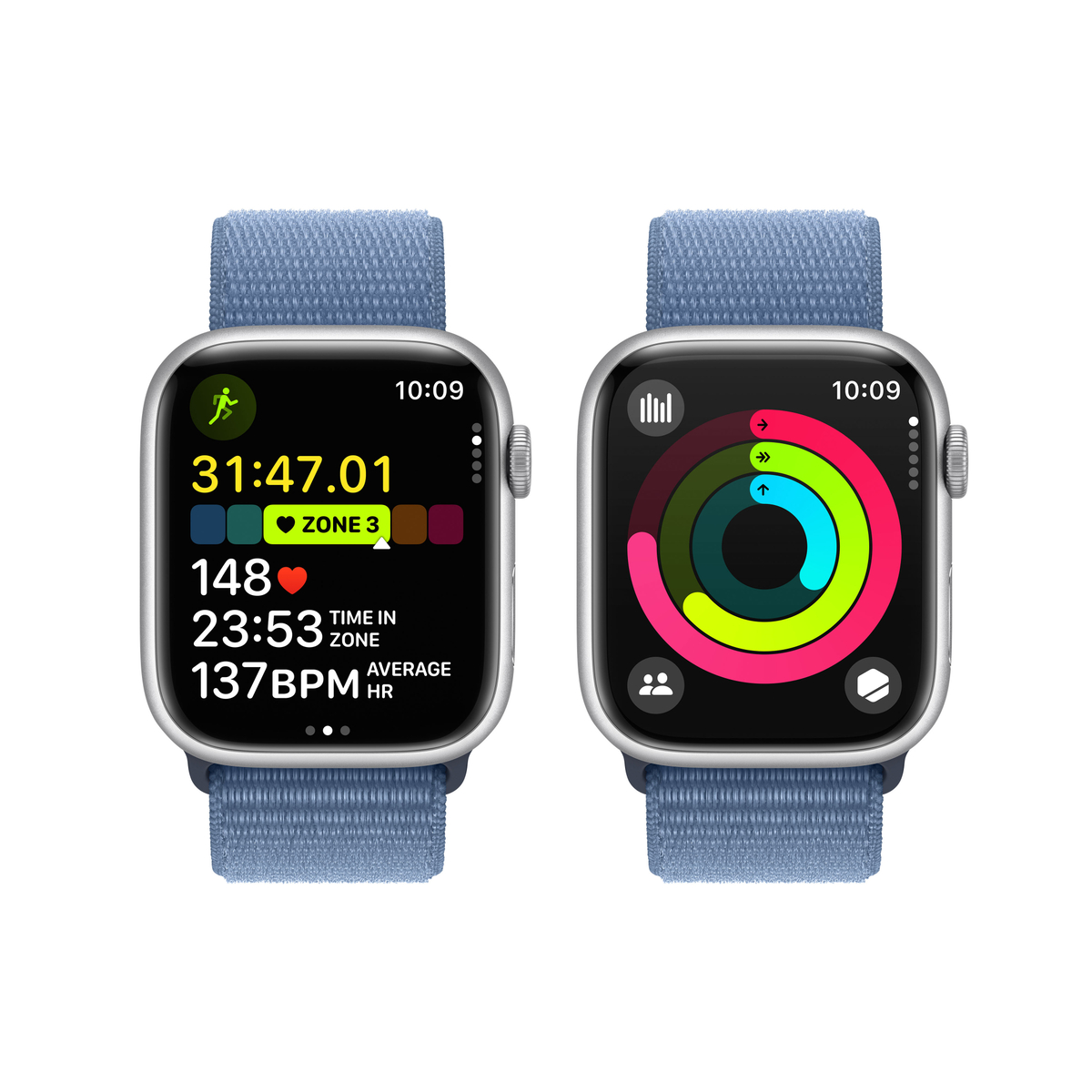 Apple Watch Series 9 GPS + Cellular, Silver Aluminium Case with Winter Blue Sport Loop, 45 mm, MRMJ3
