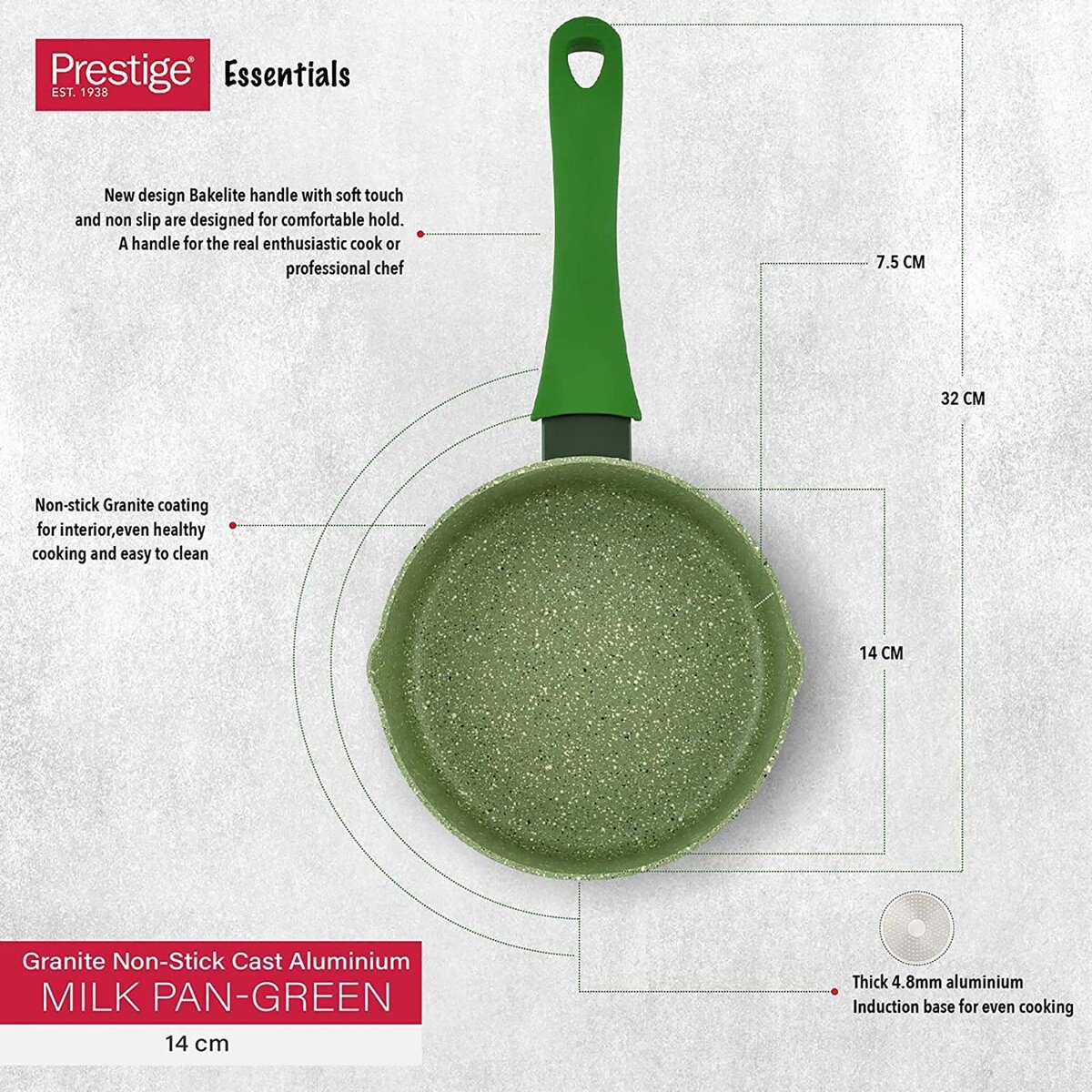 Prestige Granite Non-Stick Cast Aluminium Milk Pan, 14 cm, Green, PR81120