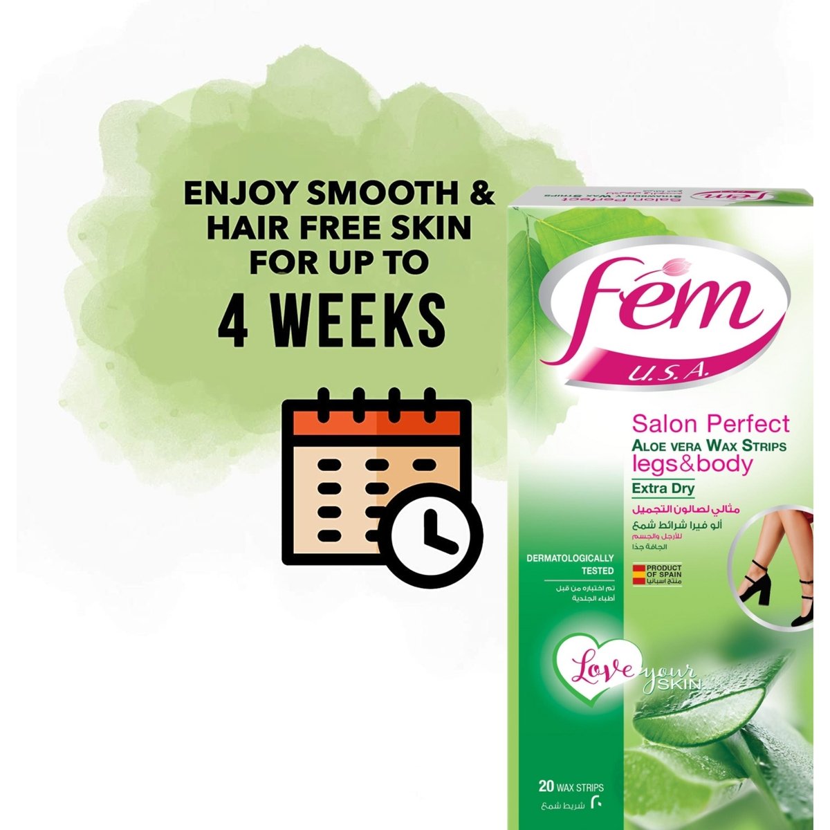 Fem USA Legs & Body Wax Strips Extra Dry Enriched With Aloe Vera 20 pcs