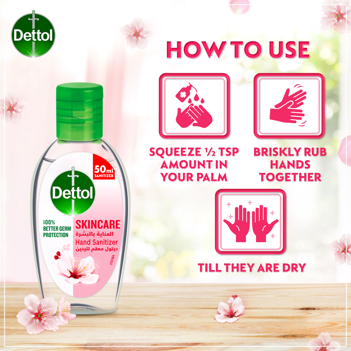 Dettol Skincare Hand Sanitizer With Bag Tag 50 ml 2+1