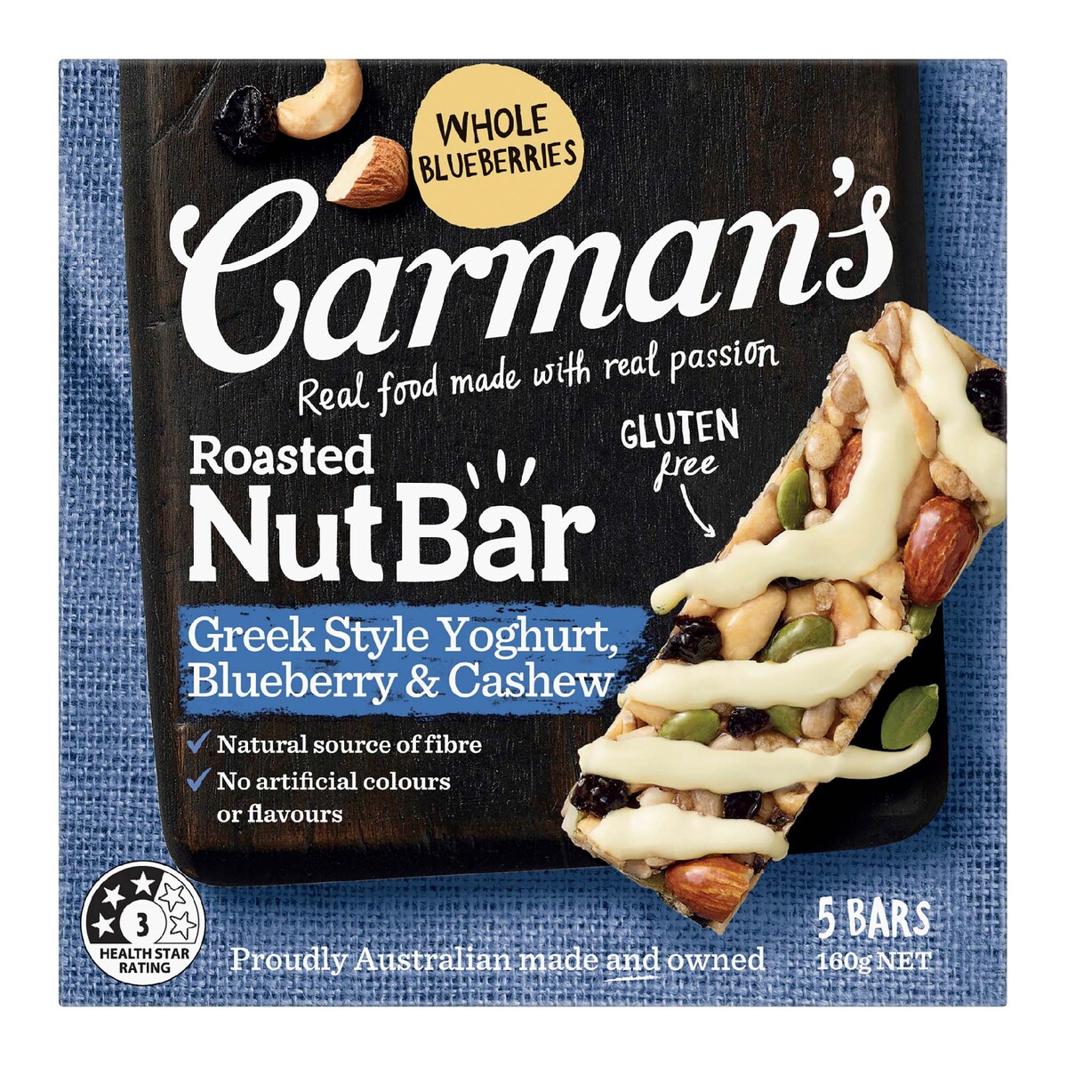 Carmans Carman's Roasted Nut Bar Greek Style Yoghurt Blueberry & Cashew 160 g