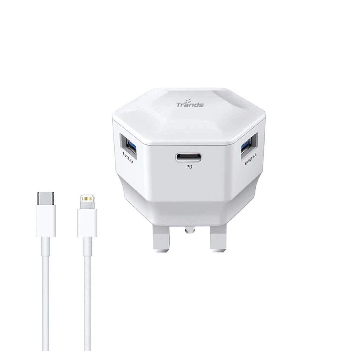 Trands 30W PD Dual USB Ports, Type-C Ports Travel Charger with Type-C to Lightning Cable, White
