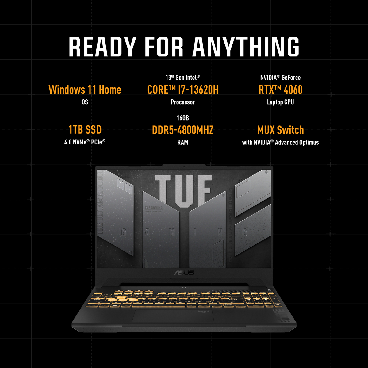 Asus TUF Gaming F15 15.6" Laptop, FHD Display, Intel Core i7-13620H Processor, 16 GB RAM, 1 TB SSD, 8GB GDDR6 NVIDIA GeForce RTX 4060, Windows 11 Home, Jaeger Gray, FX507VV-I7161G