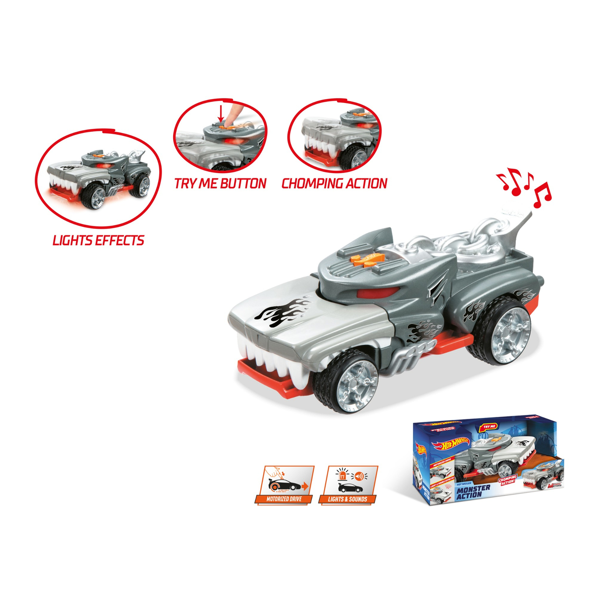 Hotwheels Lights and Sounds Monster Action Car, Grey, 51221