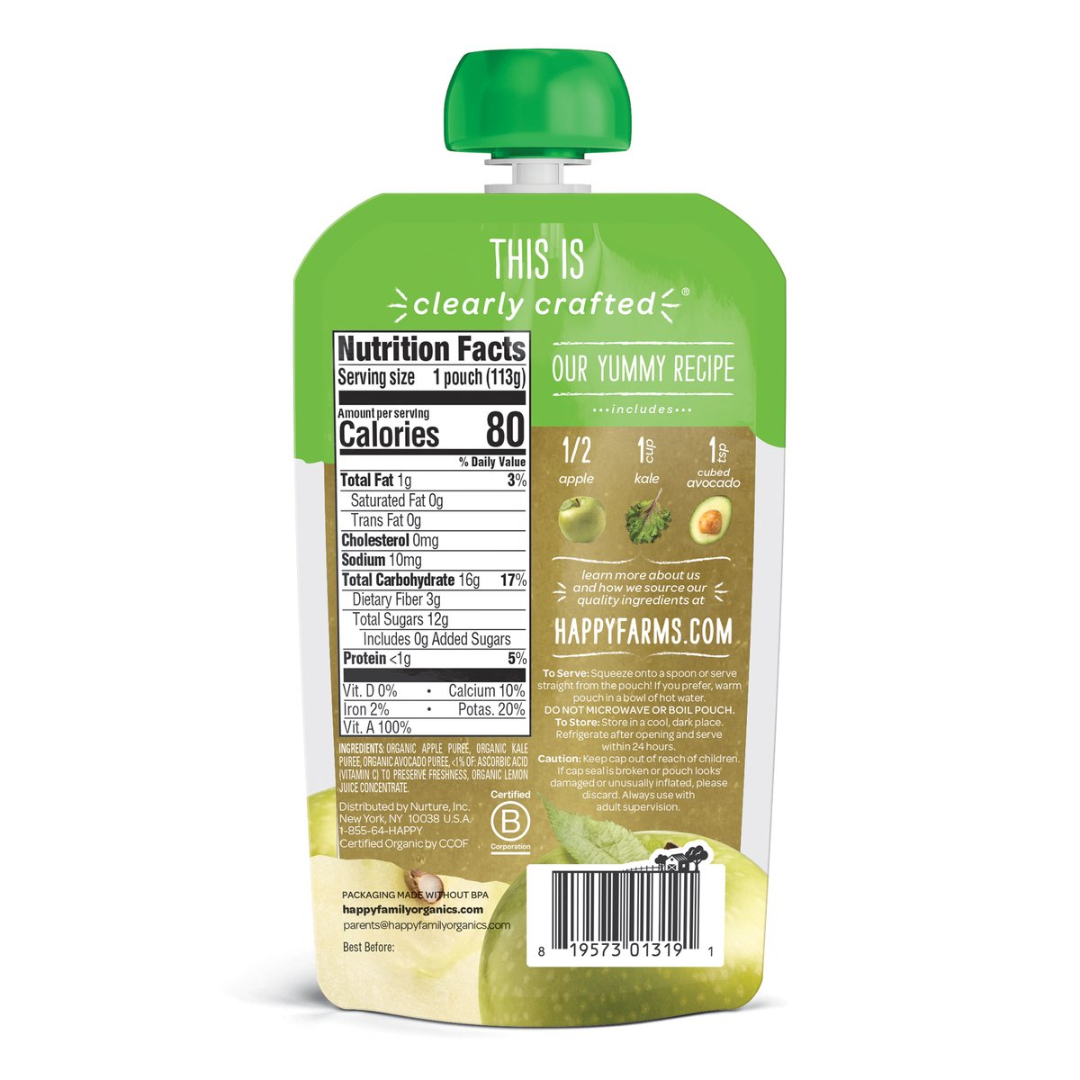 Happy Baby Stage 2 Organics Clearly Crafted Apples, Kale & Avocados Baby Food 113 g