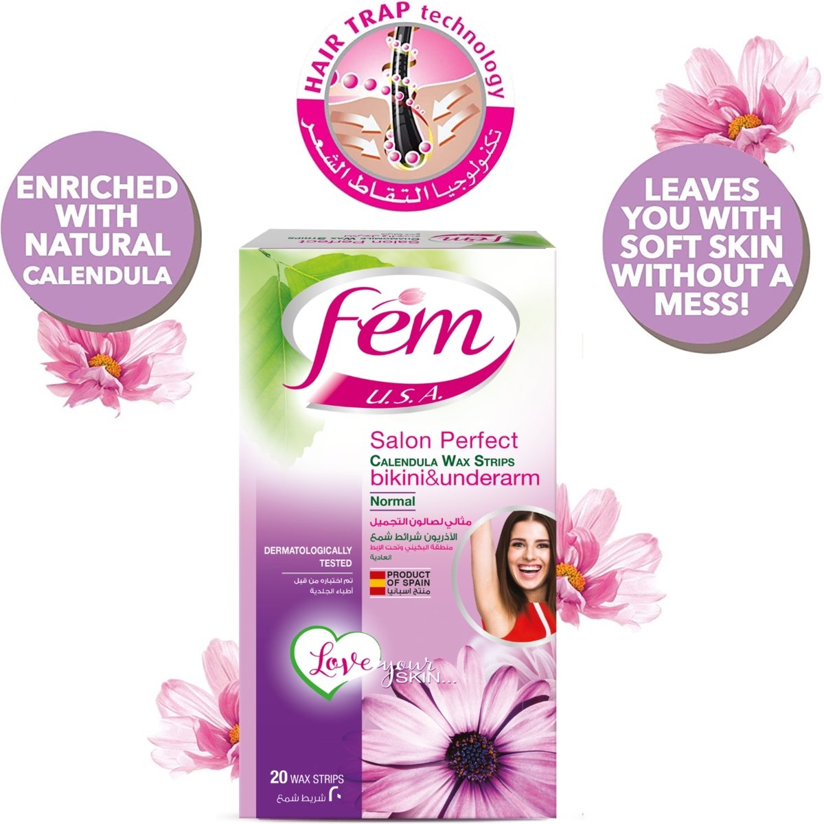 Fem USA Bikini and Underarms Wax Strips for Normal Skin Enriched with Calendula 20 pcs
