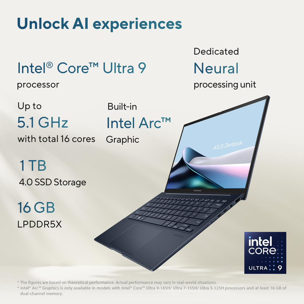 Asus Zenbook 14" Laptop, OLED Touch Display, Intel Core Ultra 9 Processor 185H, 16 GB RAM, 1 TB SSD, Windows 11 Home, Blue, UX3405MA-OLED9W