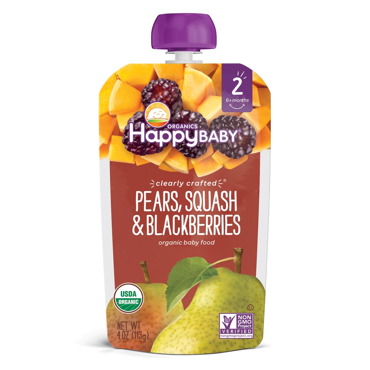 Happy Baby Stage 2 Organics Clearly Crafted Pears, Squash & Blackberries Baby Food 113 g