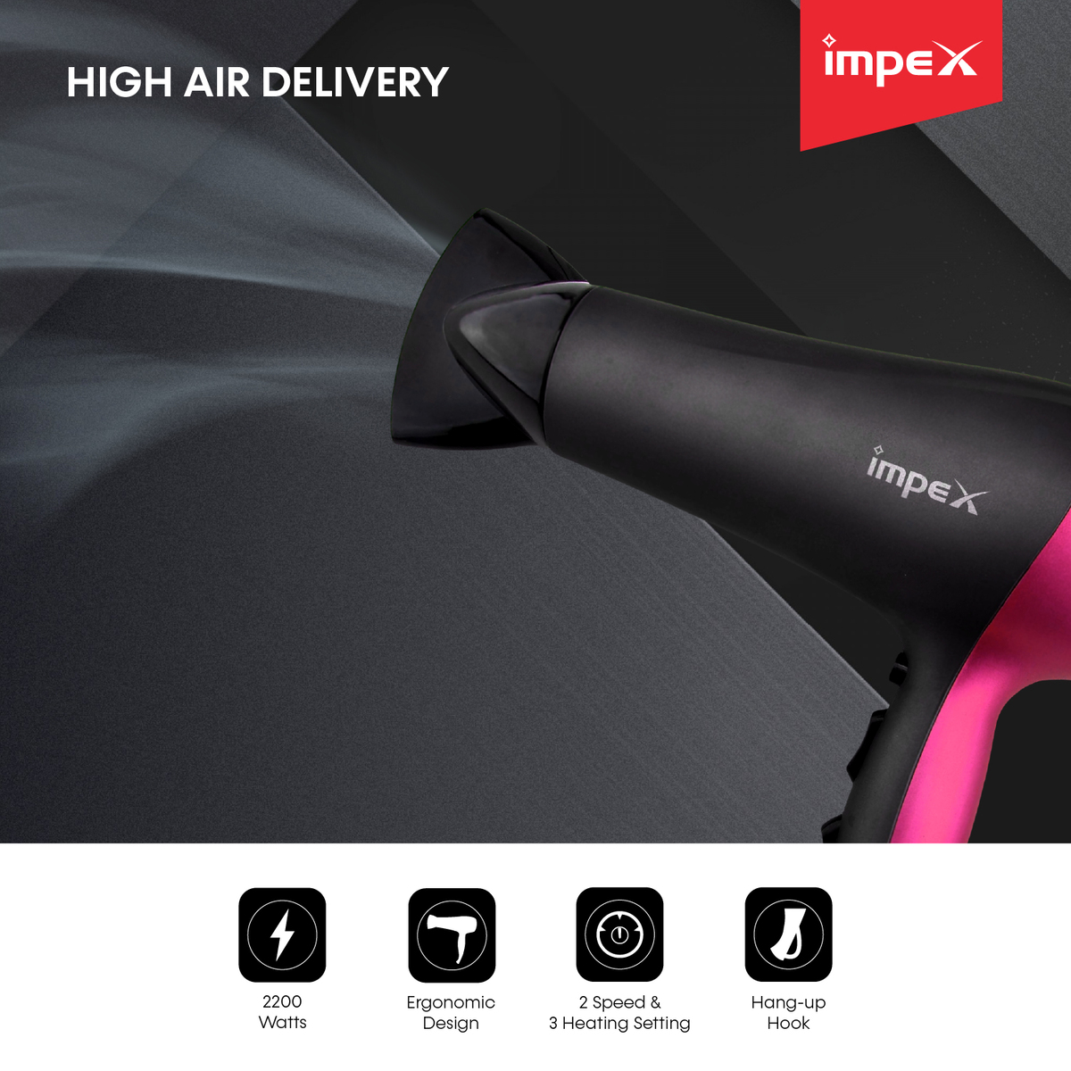 Impex HD 1K3 2200W Hair Dryer with Speed Selector & Hang-up Hook