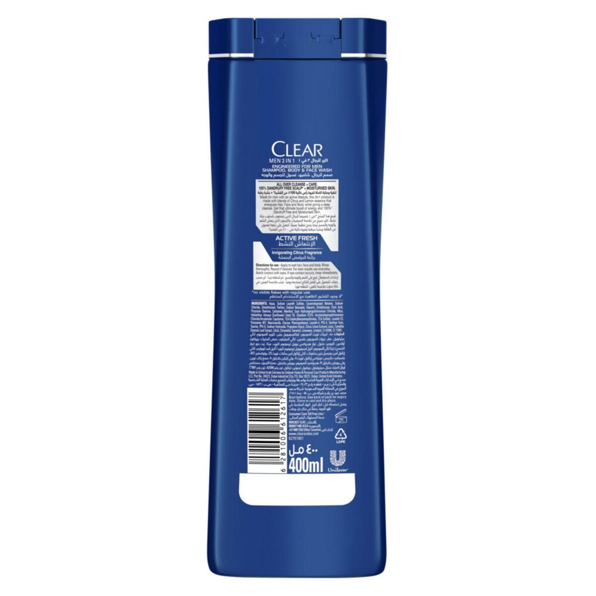 Clear Men 3in1 Active Fresh Shampoo, Body & Face Wash 400 ml